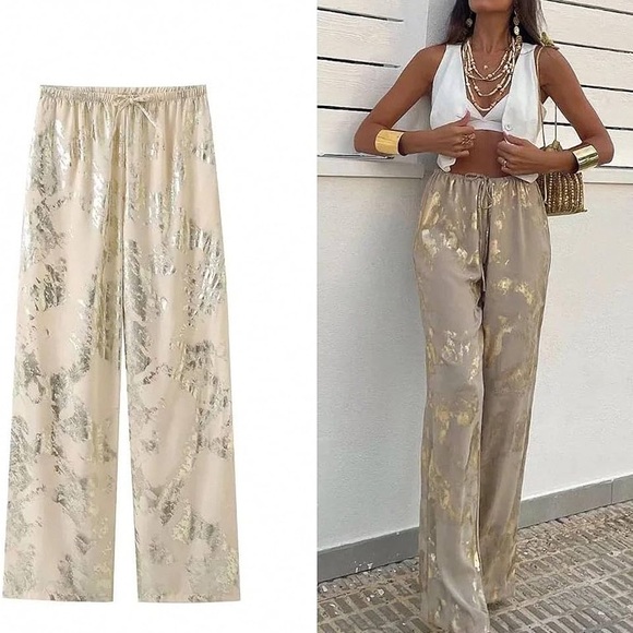 Zara Pants - Zara Gold and Cream Wide Leg Pants